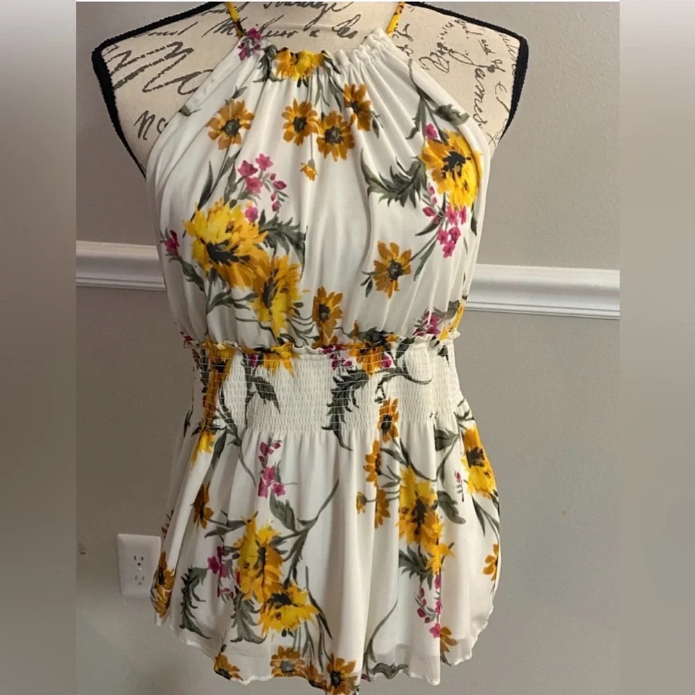 Express Floral Halter Top Women Large Smocked Peplum Waist Cream Yellow Girly - Picture 2 of 11